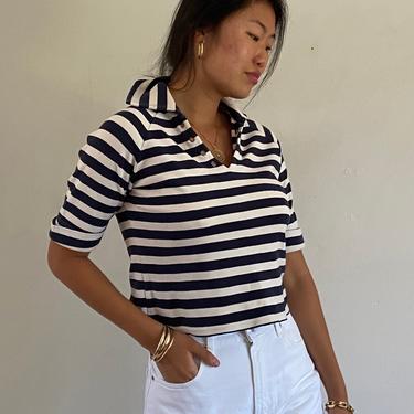 90s cropped striped cotton knit top tee / vintage navy blue striped collared henley nautical stripe crop tee top | S M 