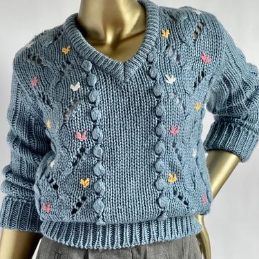 1970's / Early 80's Baby Blue Sweater with Embroidered Flowers  fits S - L Chunky Cableknit 
