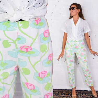 1980s White Floral Print Pants | 80s Turquoise &amp; Pink Water Lily Cotton Pants | Lilly Pulitzer | Size 8 