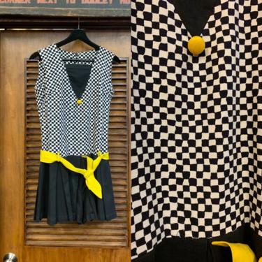 Vintage 1960's Black &amp; White Checkerboard with Yellow Button and Tie Detail, Vintage Clothing, Mod, Checkerboard, Vintage 1960's 