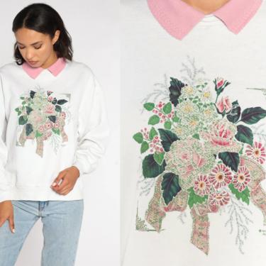 Collared Floral Sweatshirt Pink White Shirt 80s Grandma Sweatshirt 90s Sweatshirt Vintage Slouchy Kawaii Graphic Jerzees Large 