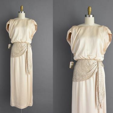 vintage 1970s | Outstanding Ivory Liquid Satin Holiday Cocktail Party Wedding Dress | Small | 70s dress 