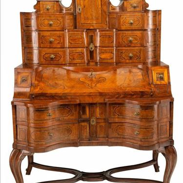 19th Century Northern Italian Rococo Pewter Inlaid Burlwood Writing Desk Cabinet 