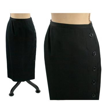 80s Long Black Pencil Skirt Medium, Side Button Gabardine Wool Maxi Skirt, Office Wear 1980s Clothes Women, Vintage Clothing by Harve Benard 