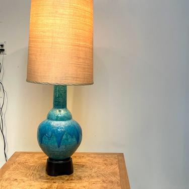 Vintage Hand Painted Ceramic Lamp with Drip Glaze, Mid Century Modern 