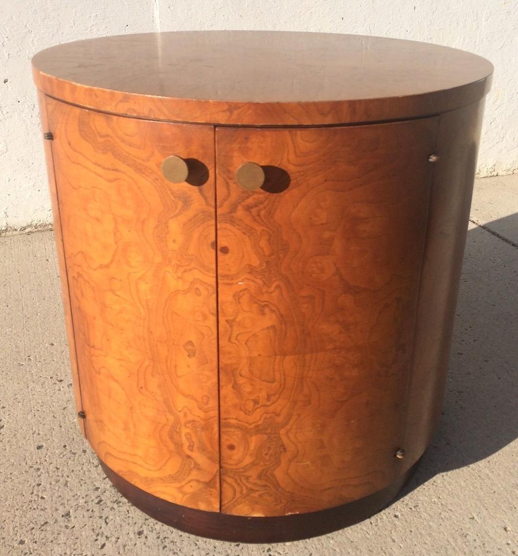 Mid Century Modern Burl Wood Drum Round Side Table Cabinet Bar Liquor