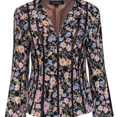 Nanette Lepore - Black &amp; Multicolor Pastel Floral Print Zip-Up Jacket w/ Eyelet Trim Sz 10
