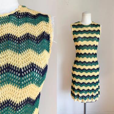 Vintage 1960s Chevron Striped Crochet Dress / S/M 