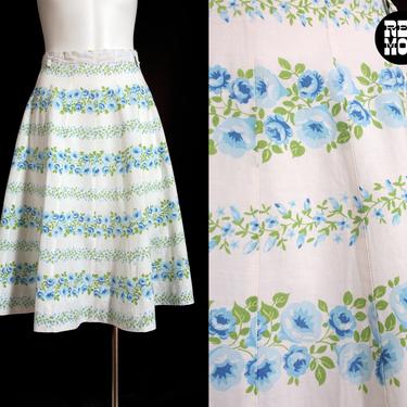 Springy Cotton Vintage 50s 60s White &amp; Light Blue Floral Full Skirt 