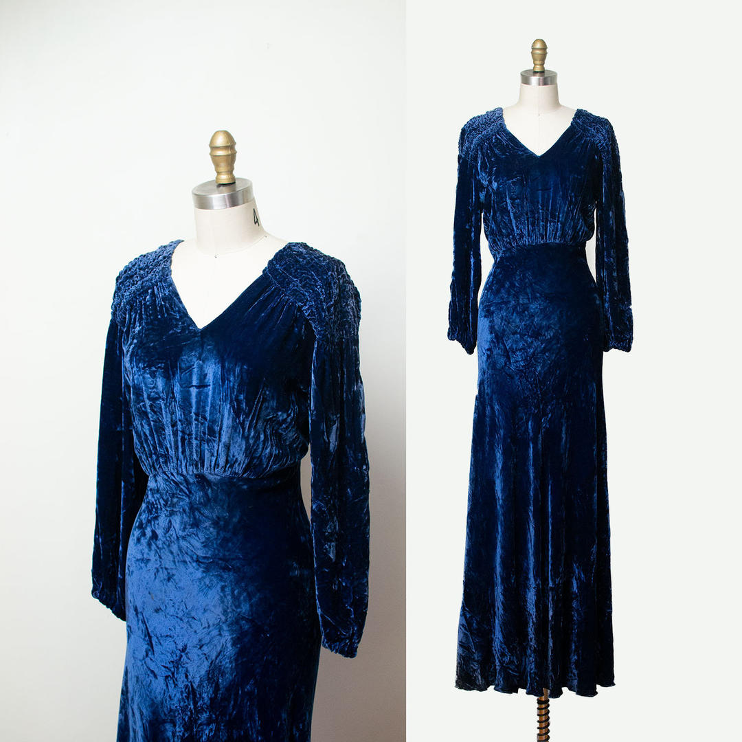 1930s Blue Velvet Gown / 30s Balloon Sleeve Crushed Velvet Dress ...