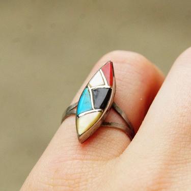Vintage Modernist Multi-Stone Inlay Ring, Turquoise, Coral, Black Onyx, Mother Of Pearl, Geometric Design, Split Prong Band, Size 6 1/4 US 
