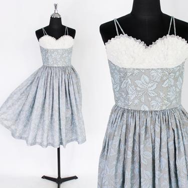 1940s  Blue Spaghetti Strap Party Dress | 40s Pale Blue Floral Evening Dress | XX Small 