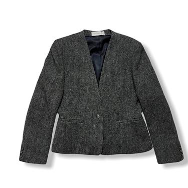 Vintage Women's EVAN PICONE Wool Tweed Jacket ~ S to M ~ Herringbone ~ Collarless Blazer / Sport Coat ~ 