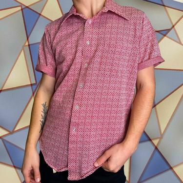 Vintage Men's Red Patterned Button-Down with Front Pocket 