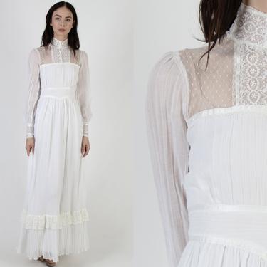 Vintage 70s Victorian Gunne Sax Dress / Romantic Bohemian Wedding Gown / White Gauze Floral Lace / Simple Rustic Old Fashion Prairie Maxi 