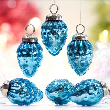 VINTAGE: 5pc - Small Thick Mercury Glass Light Blue Picone Ornaments - Mid Weight Kugel Style Ornaments - Unique Find - SKU 34-os no 