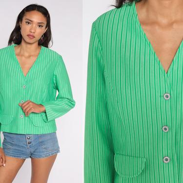 Green Striped Shirt 70s Blazer Shirt Long Sleeve Blouse Mod Polyester Shirt Boho Top Hippie Button Up 1970s V Neck Large L 