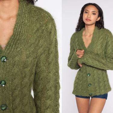 Olive Green Sweater 70s Cable Knit Grandma Cardigan Sweater Mohair Sweater 1970s Knit Sheer Sweater Button Up Sweater Vintage Retro Medium 