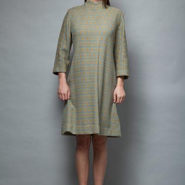 MOD a-line shift dress vintage 60s wool damask blue yellow floral high neck L LARGE long sleeves mandarin collar 