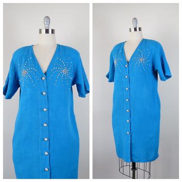 Vintage 1980s linen dress, studded, casual, turquoise, sack dress, size medium, large 