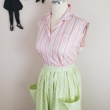 Vintage 1950's Chartreuse Skirt / 60s Cotton Polka Dot Skirt S 