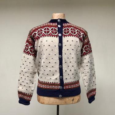 Vintage 1950s Hand-Knit in Norway Cardigan, William Schmidt Oslo Fair Isle Sweater, Unisex Size Large 44&quot; Chest 