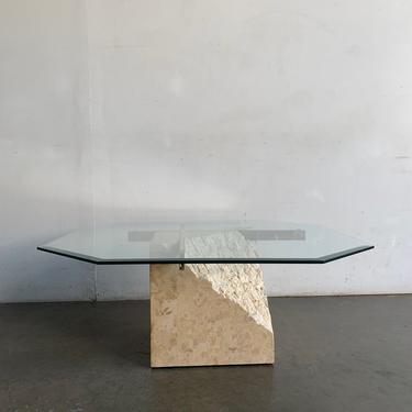 Tessellated stone, brass and glass coffee table 