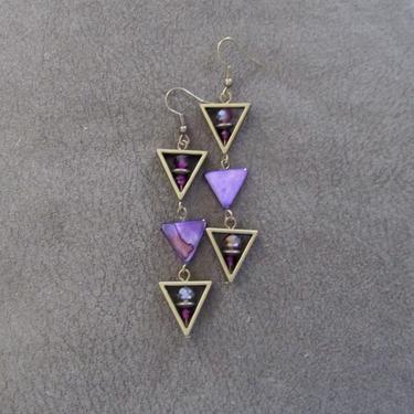 Antiqued bronze earrings, Mother of pearl earrings, long shell earrings, mid century modern, purple tribal statement earrings, ethnic 2 