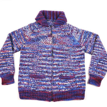 Hand Knit Vintage Chunky Purple Sweater, Oversized Zip Up Shawl Collar Cardigan, Multicolored Loose Knit Sweater with Pockets 