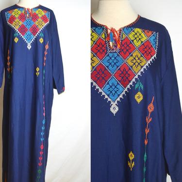 Vintage 1970s Blue Embroidered Bib Kaftan Maxi Dress, 70s Hand Embroidered Kaftan, Boho Folk, Size M/L by Mo