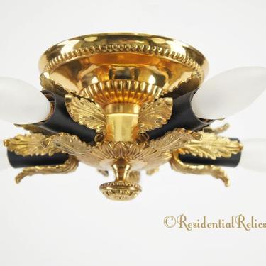 Small cast brass 5-candle leaf motif ceiling fixture, circa 1960s