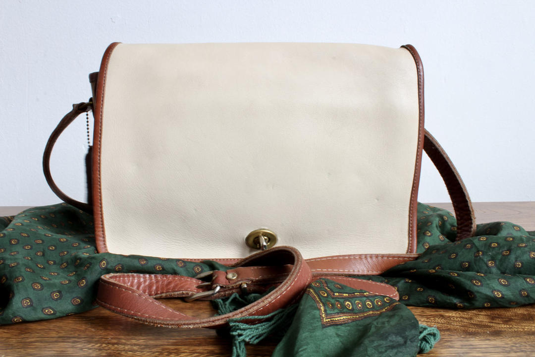 Vintage White Leather Coach Crossbody with Brown Detail, Classic Coach