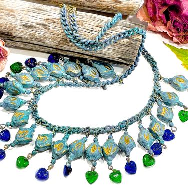 VINTAGE: Mat Enameled Brass Necklace - Glass Heart Necklace - Boho, Gipsy, Hipster, Festival - SKU 34-255-00033033 