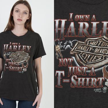 1988 I Own A Harley Not Just A T Shirt / Vintage 80s 3D Emblem Tee / Thin Black 50 50 Harley Davidson / Girls Mens Motorcycle Biker Tee 