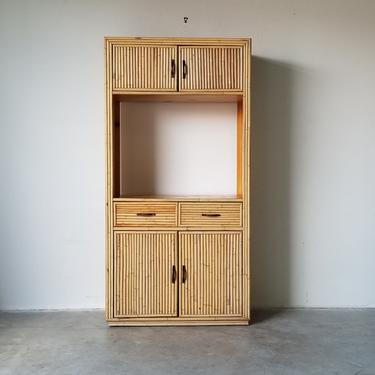 Vintage Bielecky Brothers Style Rattan Hutch Cabinet With Brass Handles. 