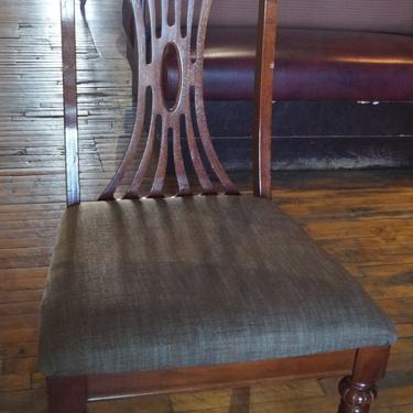 Grey Upholstered Wood Dining Chair w Oval Cut Out Back