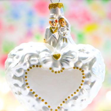 VINTAGE: LARGE Wedding Mercury Ornament - Bride and Groom Heart Glass Ornament - Impuls Glittery Ornament - SKU 30-402-00033513 