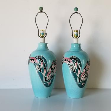 80's Postmodern - Style Handmade Crackle Pottery Table Lamps a Pair 