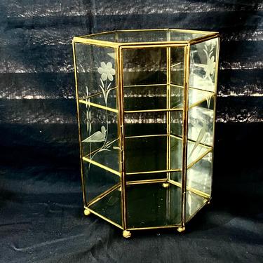 Glass and Brass Curio Display Cabinet Etched Design Table Top Gab About Vintage San Antonio TX