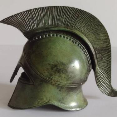 Vintage Handcrafted Cast Bronze Metal Helmet Greek Sculpture Miniature Replica Spartan Trojan War Roman Helmet 5&quot; 