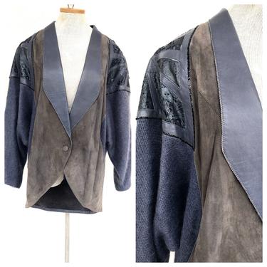 Vintage VTG 1990s 90s Roberto Cavalli Mohair Gray Blue Leather Jacket Coat 