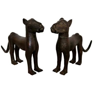 Vintage African Primitive Pair Bronze Leopard Floor Sculpture from Benin Nigeria 