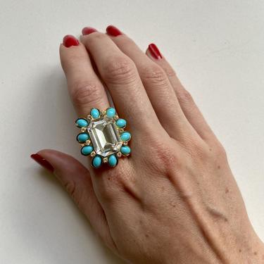 Glitzy Kenneth Jay Lane Massive Diamond Crystal Turquoise  &amp; Gold Cocktail Ring