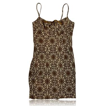 90s Brown and Cream Mini Dress A-Line Dress // Art Nouveau Floral Pattern // Size 9/10 // My Michelle 