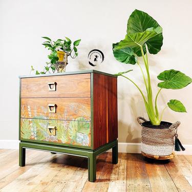Mid Century Modern Dixie Eclectic dresser hand Painted tropical Inspired . Bedroom oversized nightstand/dresser. Colorful Entryway chest. 