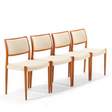Niels Moller for J.L. Mollers Mobelfabrik Model 80 Dining Chairs in Teak w/ Original Upholstery, A Set of 4 