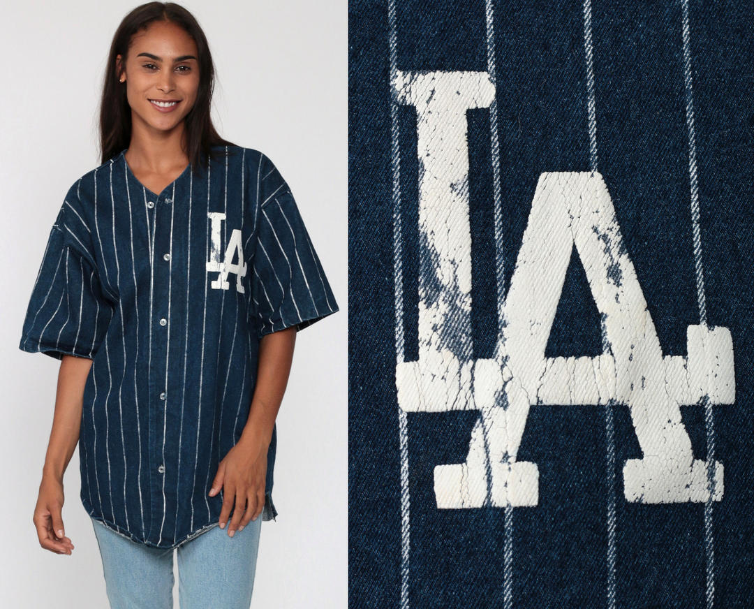 1990s La Dodgers Baseball Cotton Jersey Button Front Shirt