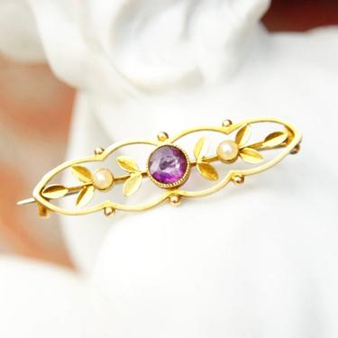 Antique Victorian 14K Gold Amethyst Seed Pearl Bar Pin, Ornate Yellow Gold Brooch, Brilliant Amethyst Gemstone, Accent Pearl Seeds, 1 1/2&quot; L 