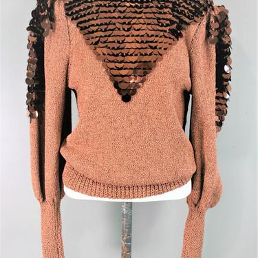 Lucky Penny - Circa 1970s - Copper - Sequin - Puff Sleeve - Pullover Sweater - S 