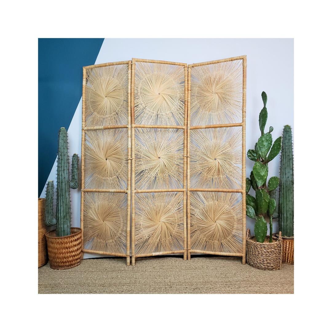 Vintage Wicker Sunburst Screen Boho Rattan Room Divider MCM Bamboo Savage Cactus Co